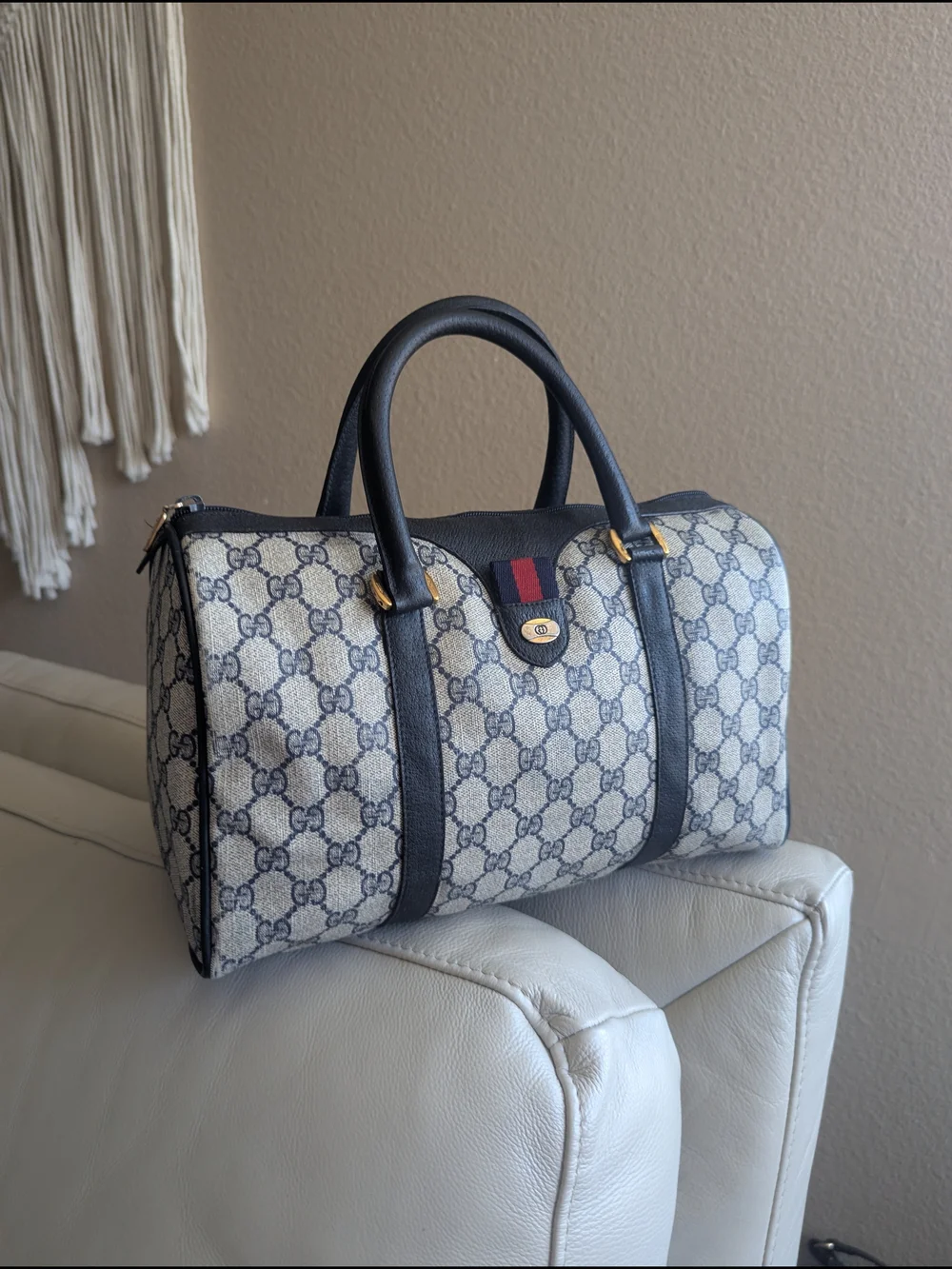 vintage 1980s Gucci Accessory Collection Navy GG Supreme Boston Bag.